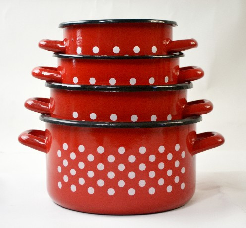 FAZÉK PIROS ZOMÁNC 4 RÉSZES SZETT PÖTTYÖS