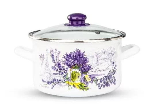 LÁBAS ZOMÁNC  24CM ÜVEG FEDŐVEL LEVENDULA MINTÁS, 0,7MM VASTAGSÁG, 6,2L