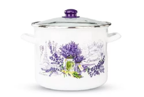 LÁBAS ZOMÁNC  26CM ÜVEG FEDŐVEL LEVENDULA MINTÁS, 0,7MM VASTAGSÁG, 10,5L