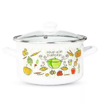   LÁBAS ZOMÁNC  22CM ÜVEG FEDŐVEL ZÖLDSÉG MINTÁS, 0,7MM VASTAGSÁG, 4,8L