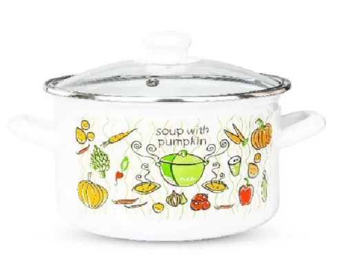 LÁBAS ZOMÁNC  24CM ÜVEG FEDŐVEL ZÖLDSÉG MINTÁS, 0,7MM VASTAGSÁG, 6,2L