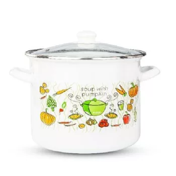   LÁBAS ZOMÁNC  24CM ÜVEG FEDŐVEL ZÖLDSÉG MINTÁS, 0,7MM VASTAGSÁG, 8,2L