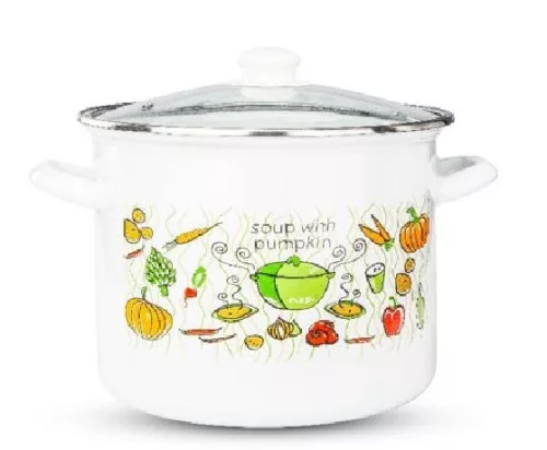 LÁBAS ZOMÁNC  28CM ÜVEG FEDŐVEL ZÖLDSÉG MINTÁS, 0,7MM VASTAGSÁG, 14L