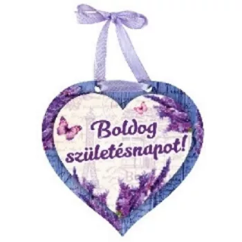   MÁGNES SZÍV ALAKÚ LEVENDULÁS 9X8CM "BOLDOG SZÜLETÉSNAPOT"