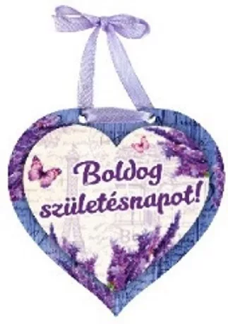 MÁGNES SZÍV ALAKÚ LEVENDULÁS 9X8CM "BOLDOG SZÜLETÉSNAPOT"