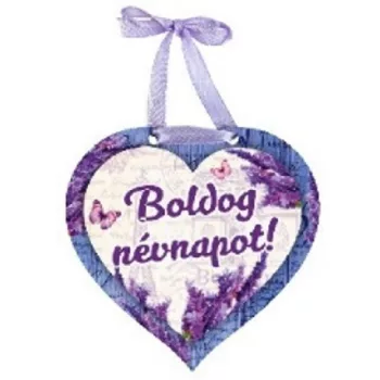   MÁGNES SZÍV ALAKÚ LEVENDULÁS 9X8CM "BOLDOG NÉVNAPOT"