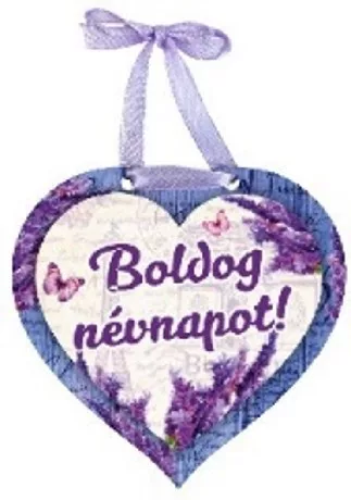 MÁGNES SZÍV ALAKÚ LEVENDULÁS 9X8CM "BOLDOG NÉVNAPOT"
