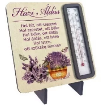   DEKOR TÁBLA HŐMÉRŐVEL LEVENDULÁS 11,5X11,5CM "HÁZI ÁLDÁS"