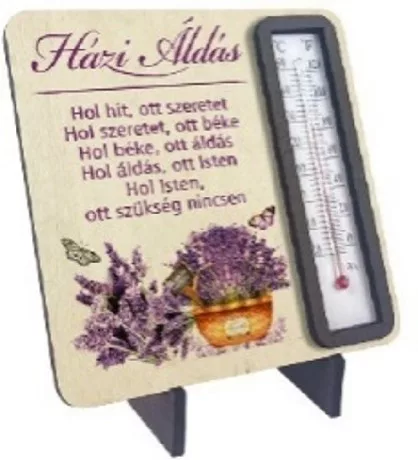 DEKOR TÁBLA HŐMÉRŐVEL LEVENDULÁS 11,5X11,5CM "HÁZI ÁLDÁS"