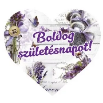   MÁGNES SZÍV ALAKÚ LEVENDULÁS 10X9CM "BOLDOG SZÜLETÉSNAPOT"