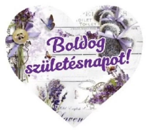 MÁGNES SZÍV ALAKÚ LEVENDULÁS 10X9CM "BOLDOG SZÜLETÉSNAPOT"