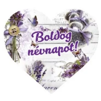   MÁGNES SZÍV ALAKÚ LEVENDULÁS 10X9CM "BOLDOG NÉVNAPOT"