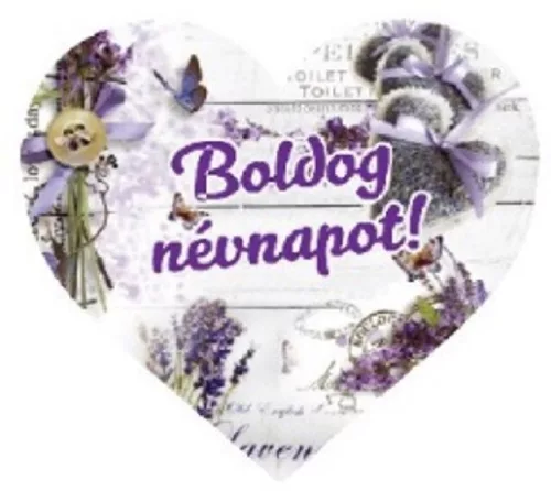 MÁGNES SZÍV ALAKÚ LEVENDULÁS 10X9CM "BOLDOG NÉVNAPOT"