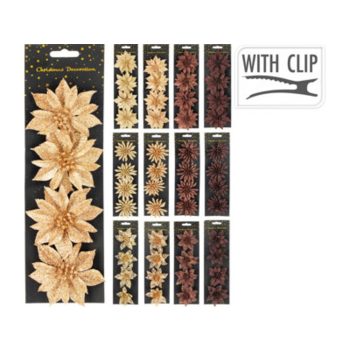 KARÁCSONYFADÍSZ VIRÁGOK CSIPTETŐS 8CM 4DB-OS TÖBBFÉLE