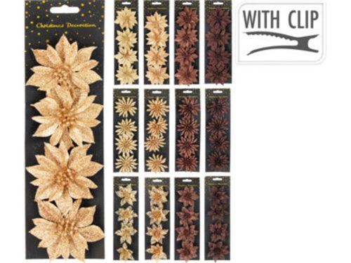 KARÁCSONYFADÍSZ VIRÁGOK CSIPTETŐS 8CM 4DB-OS TÖBBFÉLE