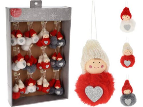 ANGYAL FÜGGŐ DEKORÁCIÓ, POLIESZTER, 5X5X9CM,  5 GR. 3 SZÍN: SZÜRKE TEST PIROS KA