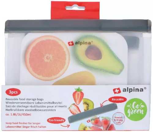 ÉTELTÁROLÓ TASAK VISSZAZÁRHATÓ 3DB-OS 19X26X6CM 1,8L/1L/450ML MŰA., ALPINA