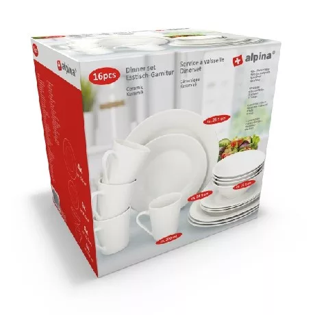 TÁLALÓ SZETT 16RÉSZES D26CM/D21CM/D16CM/220ML FEHÉR KERÁMIA ALPINA
