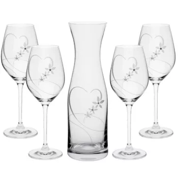   BOROSPOHÁR + KANCSÓ SZETT 5DB-OS, SZÍV MINTÁVAL, KRISTÁLYBERAKÁSSAL DÍSZÍTETT 10