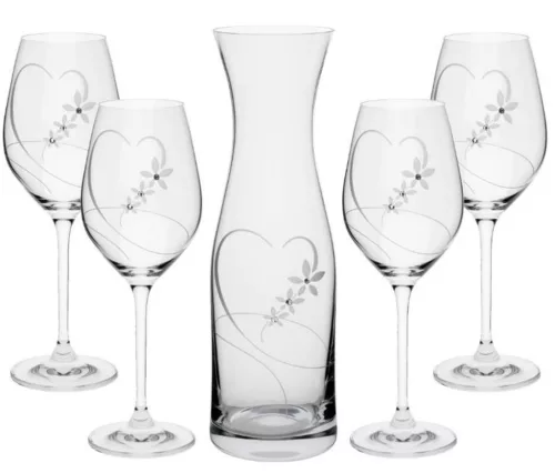 BOROSPOHÁR + KANCSÓ SZETT 5DB-OS, SZÍV MINTÁVAL, KRISTÁLYBERAKÁSSAL DÍSZÍTETT 10