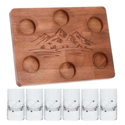 SZERVÍROZÓ SZETT 6DB FELESPOHÁR KRISTÁLYBERAKÁSSAL DÍSZÍTETT 30ML + 1 DB TÁLCA,