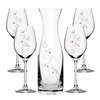   BOROSPOHÁR + KANCSÓ SZETT 5DB-OS, KRISTÁLYBERAKÁSSAL DÍSZÍTETT, VIRÁG MINTÁS 100