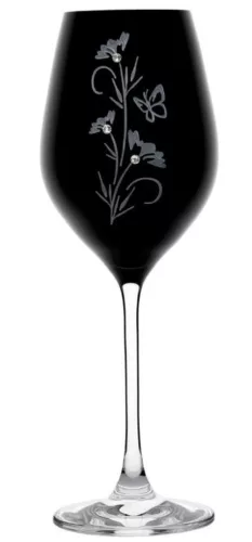 BOROSPOHÁR FEKETE 2DB-OS KRISTÁLYBERAKÁSSAL DÍSZÍTETT, VIRÁG MINTÁS 360ML