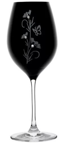 BOROSPOHÁR FEKETE 2DB-OS KRISTÁLYBERAKÁSSAL DÍSZÍTETT, VIRÁG MINTÁS 470ML