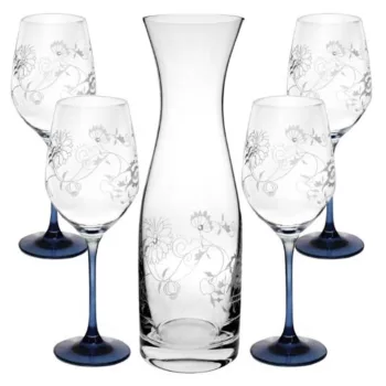   BOROSPOHÁR + KANCSÓ SZETT 5DB-OS, KRISTÁLYBERAKÁSSAL DÍSZÍTETT, MINTÁS, SZÍNES T