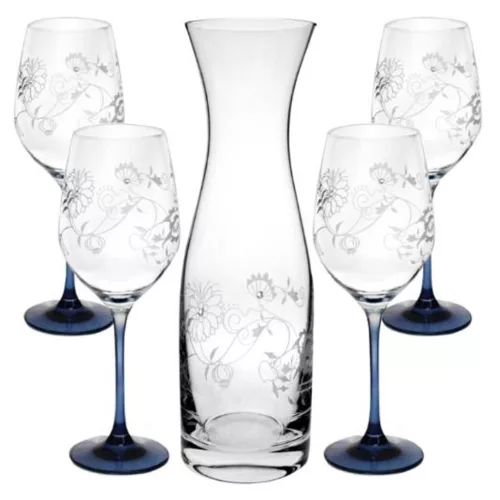 BOROSPOHÁR + KANCSÓ SZETT 5DB-OS, KRISTÁLYBERAKÁSSAL DÍSZÍTETT, MINTÁS, SZÍNES T