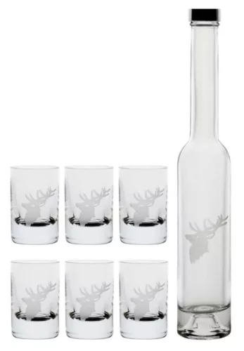 RÖVIDITALOS SZETT 7DB-OS (6DB FELESPOHÁR + 1 DB PÁLINKÁS ÜVEG), SZARVAS MINTÁS 2