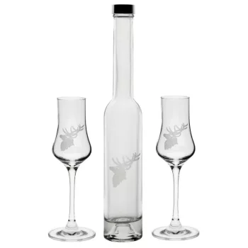   RÖVIDITALOS SZETT 3DB-OS (2DB GRAPPÁSPOHÁR + 1 DB PÁLINKÁS ÜVEG), SZARVAS MINTÁS