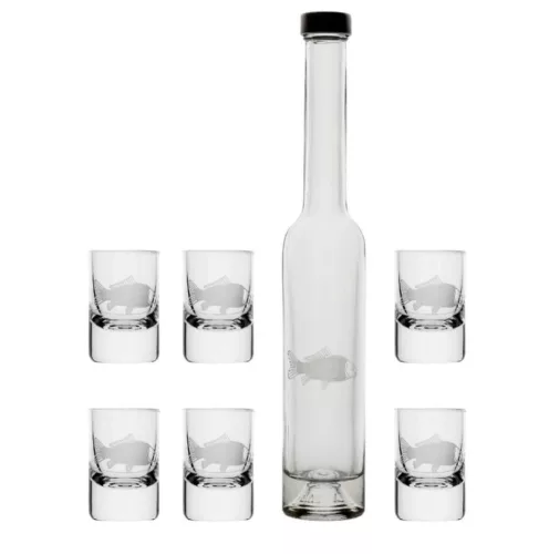 RÖVIDITALOS SZETT 7DB-OS (6DB FELESPOHÁR + 1 DB PÁLINKÁS ÜVEG), HAL MINTÁS 200ML