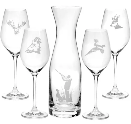 BOROSPOHÁR + KANCSÓ SZETT 5DB-OS, "VADÁSZ" 1000ML / 360ML VEGYES MINTÁK