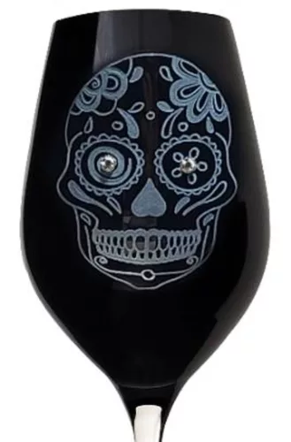 BOROSPOHÁR FEKETE 2DB-OS KRISTÁLYBERAKÁSSAL DÍSZÍTETT, KOPONYA MINTÁS 360ML