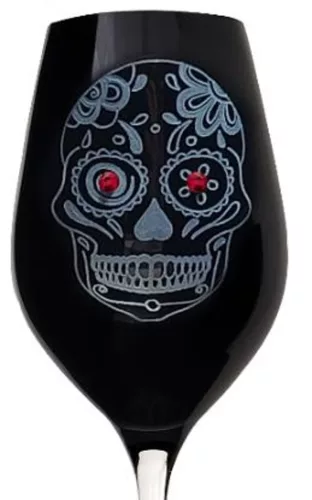 BOROSPOHÁR FEKETE 2DB-OS KRISTÁLYBERAKÁSSAL DÍSZÍTETT, KOPONYA MINTÁS 360ML