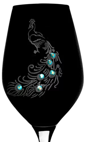 BOROSPOHÁR FEKETE 2DB-OS KRISTÁLYBERAKÁSSAL DÍSZÍTETT, PÁVA MINTÁS 360ML