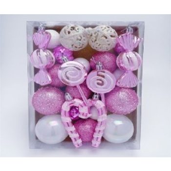 KARÁCSONYFA GÖMB DÍSZ RÓZSASZÍN-FEHÉR 23DB-OS