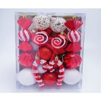 KARÁCSONYFA GÖMB DÍSZ PIROS-FEHÉR 23DB-OS