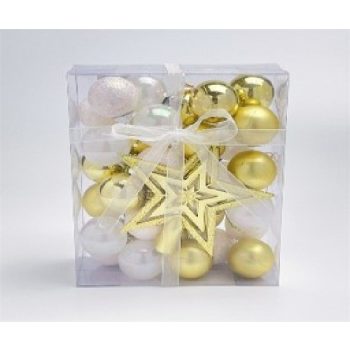   KARÁCSONYFA GÖMB DÍSZ ARANY-FEHÉR 3CM/29DB + CSILLAG 30DB-OS