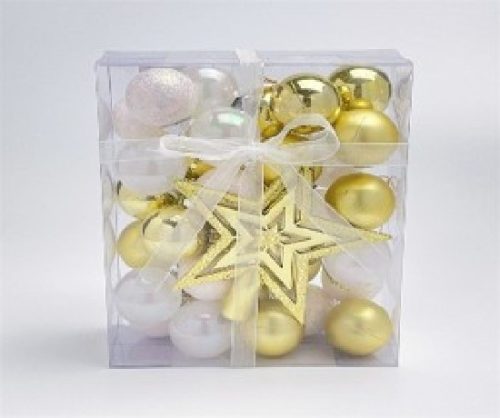 KARÁCSONYFA GÖMB DÍSZ ARANY-FEHÉR 3CM/29DB + CSILLAG 30DB-OS