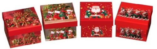 KARÁCSONYI AJÁNDÉKDOBOZ 9,5X9,5X5,5CM 4 FÉLE MINTA