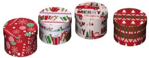 KARÁCSONYI AJÁNDÉKDOBOZ KEREK 10,8X5,2CM 4 FÉLE MINTA