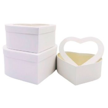   DÍSZDOBOZ SZETT 3R. SZÍV ALAKÚ, ÁTTETSZŐ FEDÉL , NAGY:25,8X24,5X12CM PAPÍR, FEHÉ