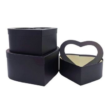   DÍSZDOBOZ SZETT 3R. SZÍV ALAKÚ, ÁTTETSZŐ FEDÉL , NAGY:25,8X24,5X12CM PAPÍR, FEKE