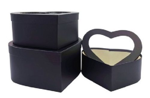 DÍSZDOBOZ SZETT 3R. SZÍV ALAKÚ, ÁTTETSZŐ FEDÉL , NAGY:25,8X24,5X12CM PAPÍR, FEKE