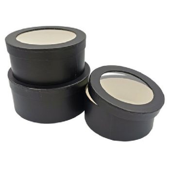   DÍSZDOBOZ SZETT 3R. KEREK, ÁTTTETSZŐ FEDÉL , 22X10CM, 20X9CM,18X8CM PAPÍR, FEKET