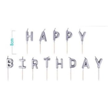   SZÜLINAPI GYERTYA 13DB "H A P P Y B I R T H D A Y" 8CM EZÜST