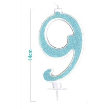 SZÁMGYERTYA "9" KÉK CSILLÁMPOROS 14CM