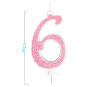 SZÁMGYERTYA "6" RÓZSASZÍN CSILLÁMPOROS 14CM